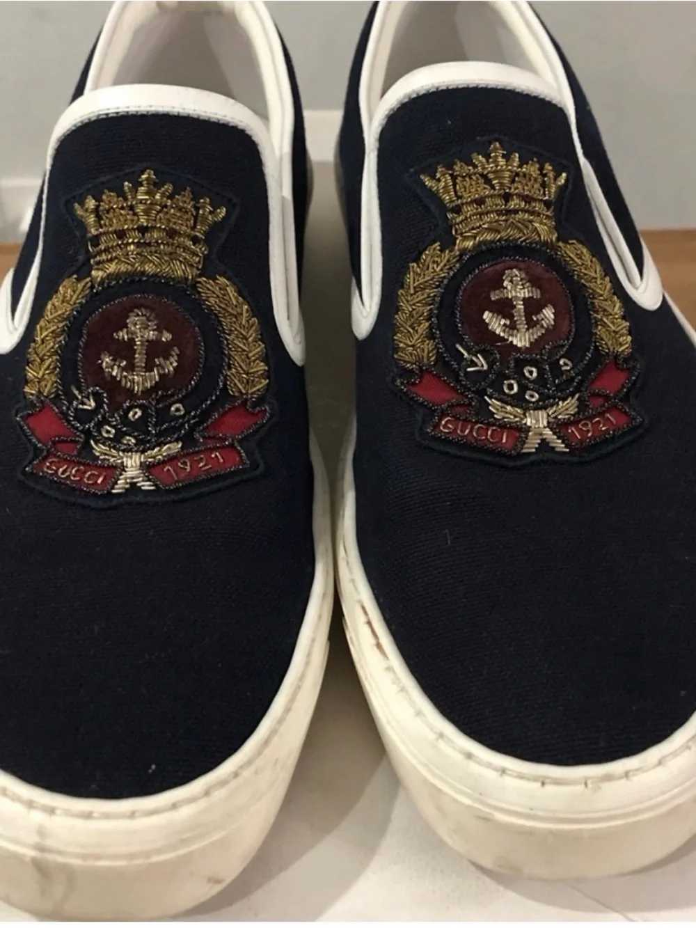 Gucci Navy & White Embroidered Slip-On Loafers